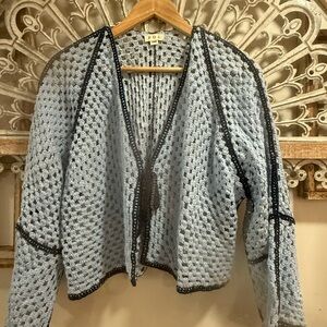 POL Women's Light Blue and Black Crochet Cardigan